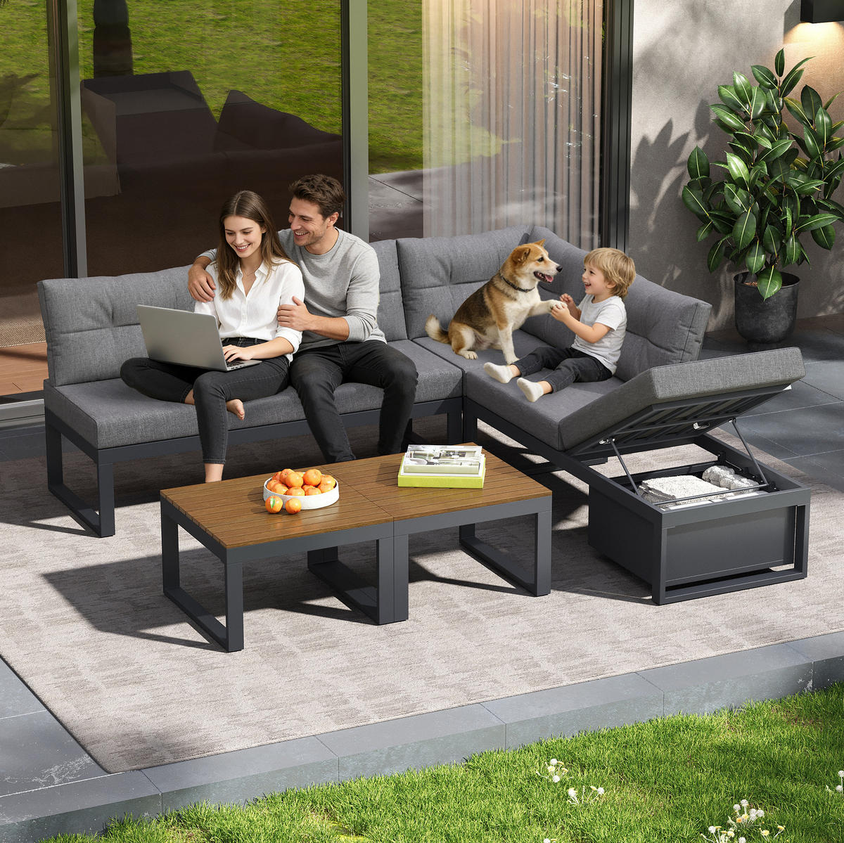 GARTENSET aus Polyester 191,5x191,5x79 cm Grau mit 3-stufig verstellbarer Liegefunktion und Stauraum - Grau, Textil - Modfu
