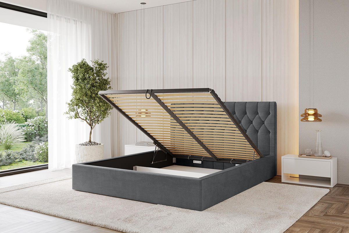 POLSTERBETT mit Bettkasten und Lattenrost, Boxbett ohne Matratze - RENO 140x200 Dunkelgrau - Anthrazit, Holzwerkstoff/Textil (140/200cm) - ALTDECOR