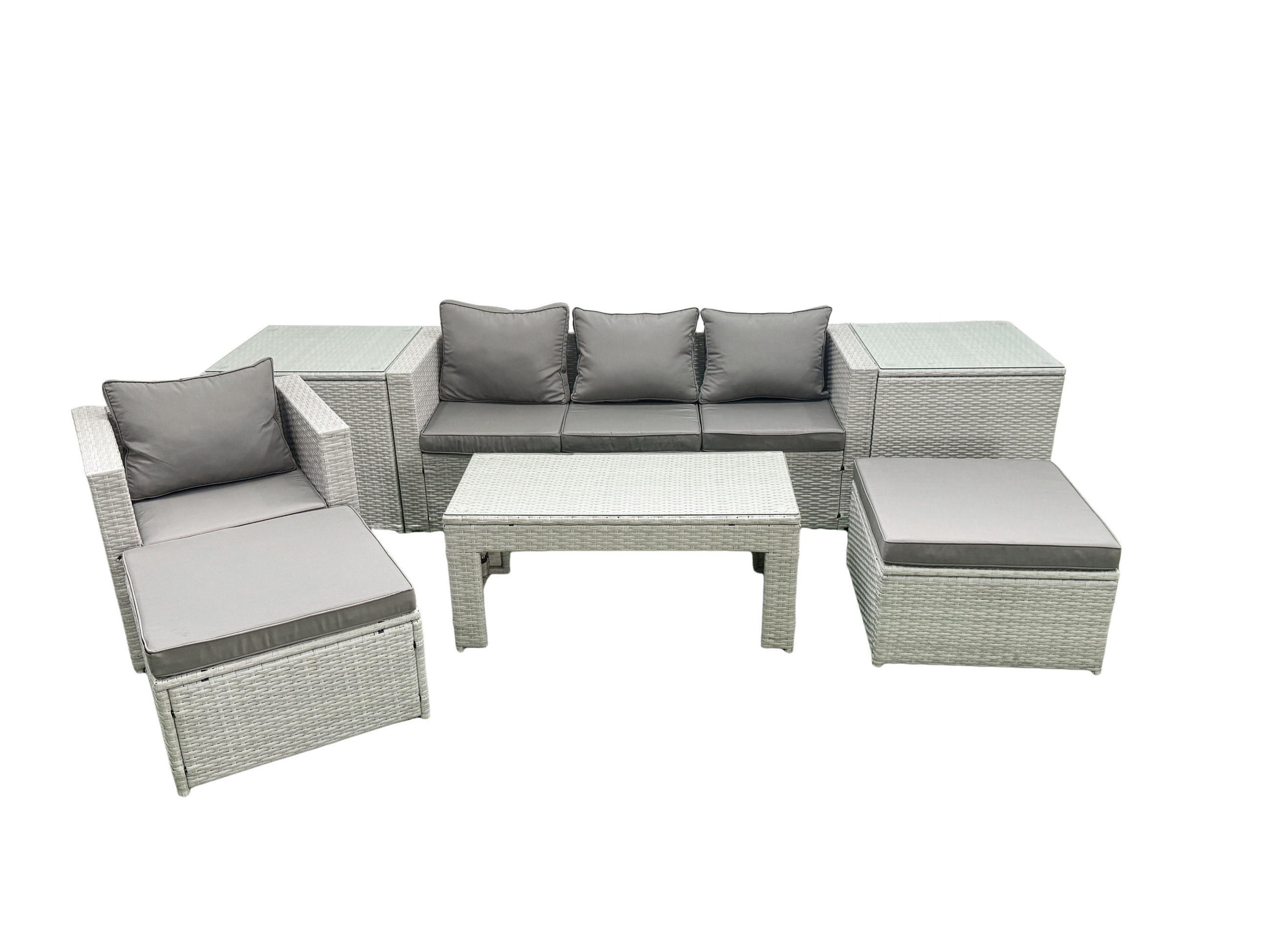BALKONMÖBEL-SET Polyrattan Hellgrau-Mix 6-teilig - Hellgrau/Grau, Glas/Kunststoff - Fimous