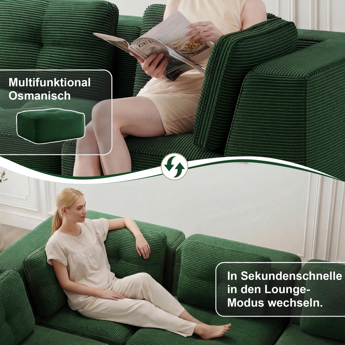 ECKSOFA 295/206/69 cm grün aus Cordstoff modular und montagefrei - Grün, Textil (206/295cm) - OKWISH