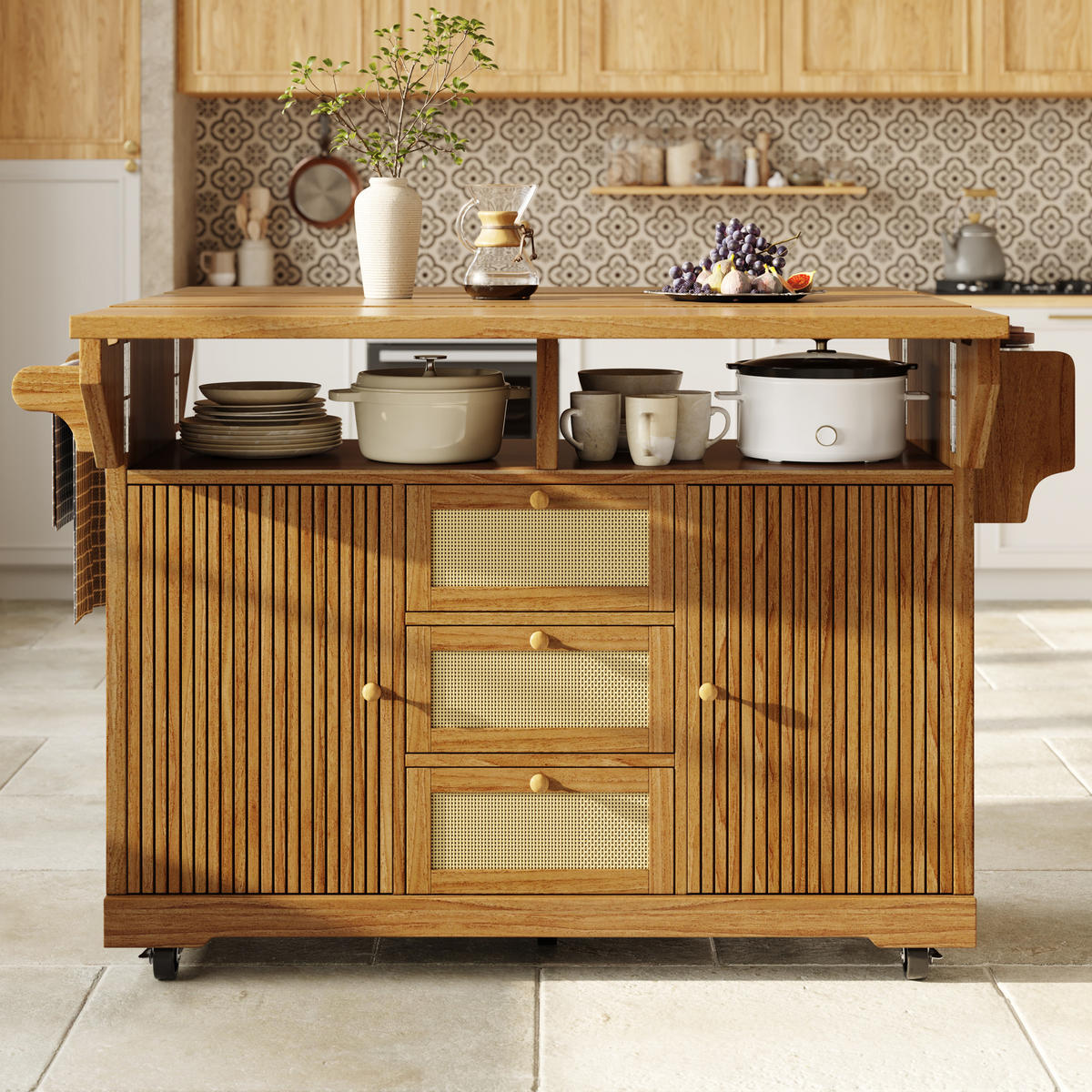 KÜCHENINSEL Ausklappbar Küchenwagen PE Rattan Dunkelbraun - Dunkelbraun, Holzwerkstoff (142.5/95/80cm) - FLIEKS