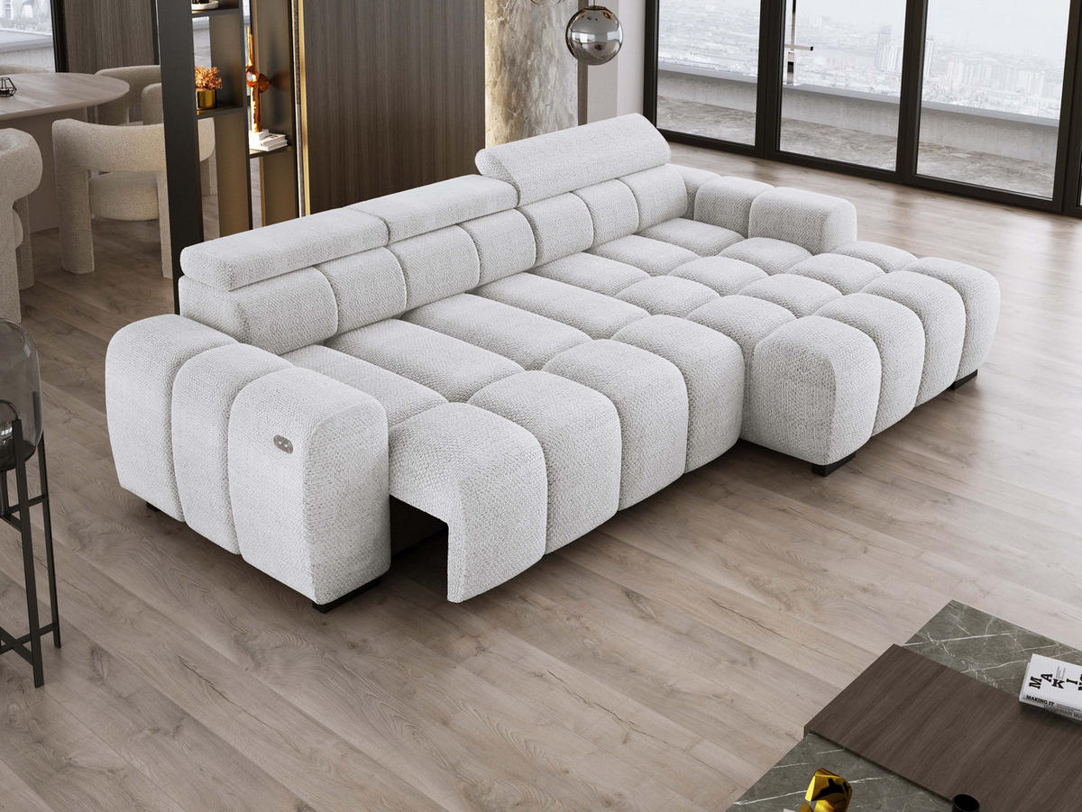 ECKSOFA OMBO 285x168x77/97 cm, Rechts, Schlaffunktion, elektr. Sitz, Kopfstützen, hydrophober EDEN-Stoff – Esche - Hellgrau, Holz/Textil (285/168cm) - DomoHome