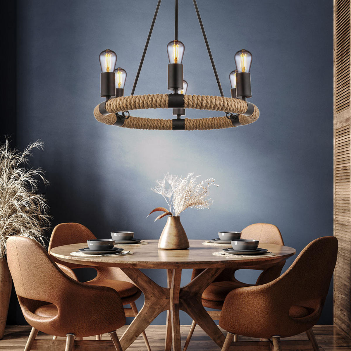 LED HÄNGELEUCHTE Hanfseil Schwarz - Schwarz, Metall (50/50/126cm) - Globo Lighting