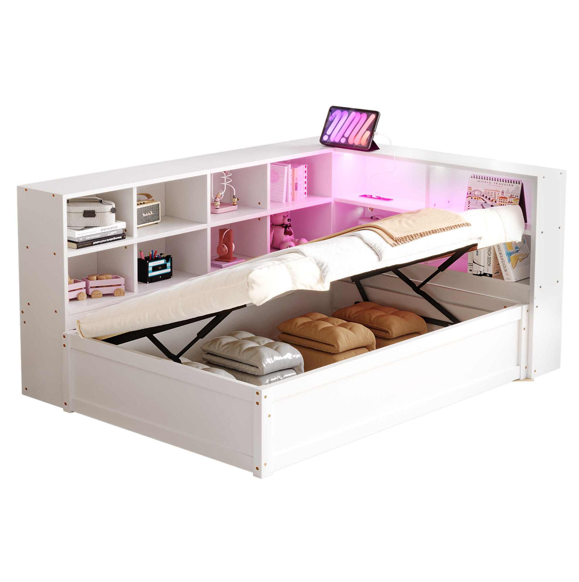 Modfu MULTIFUNKČNÍ postel z borovice 90x200 cm bílá s LED osvětlením, zásuvkou a úložným prostorem