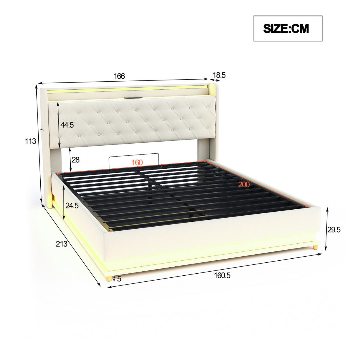 STAURAUMBETT 160/200 cm DE-01797, in Beige, mit LED, USB und hydraulischer Lagerung - Beige, Metall (160/200cm) - ComfortXL