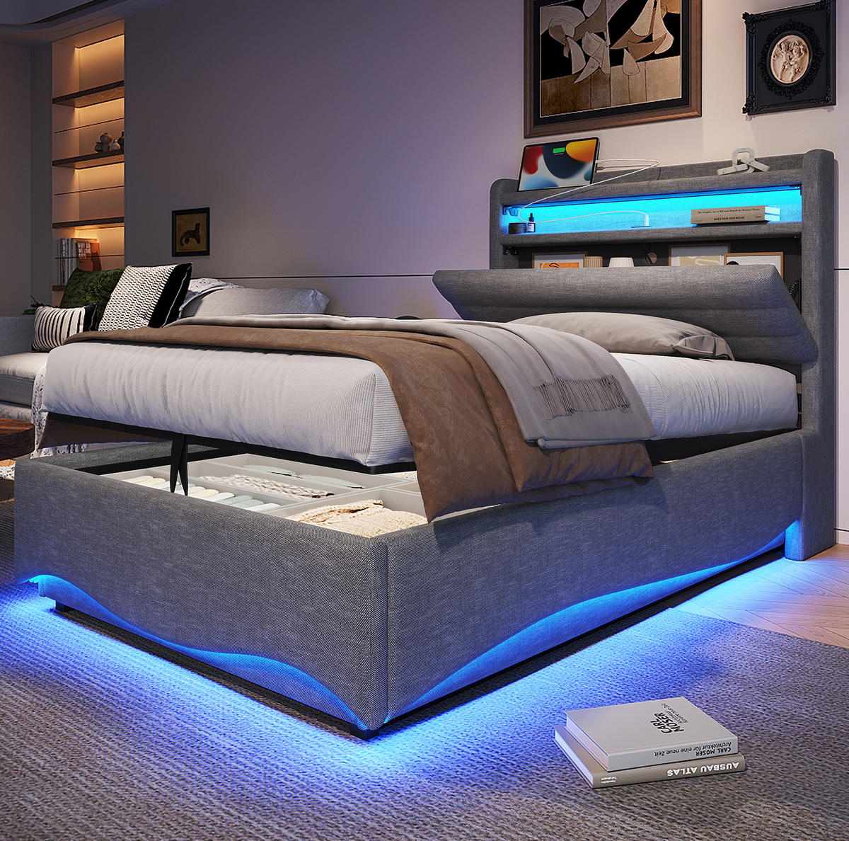 ČALOUNĚNÁ postel 90/200 cm šedá z lnu s LED osvětlením a hydraulickým úložným prostorem - šedá, textil (90/200cm) - OKWISH