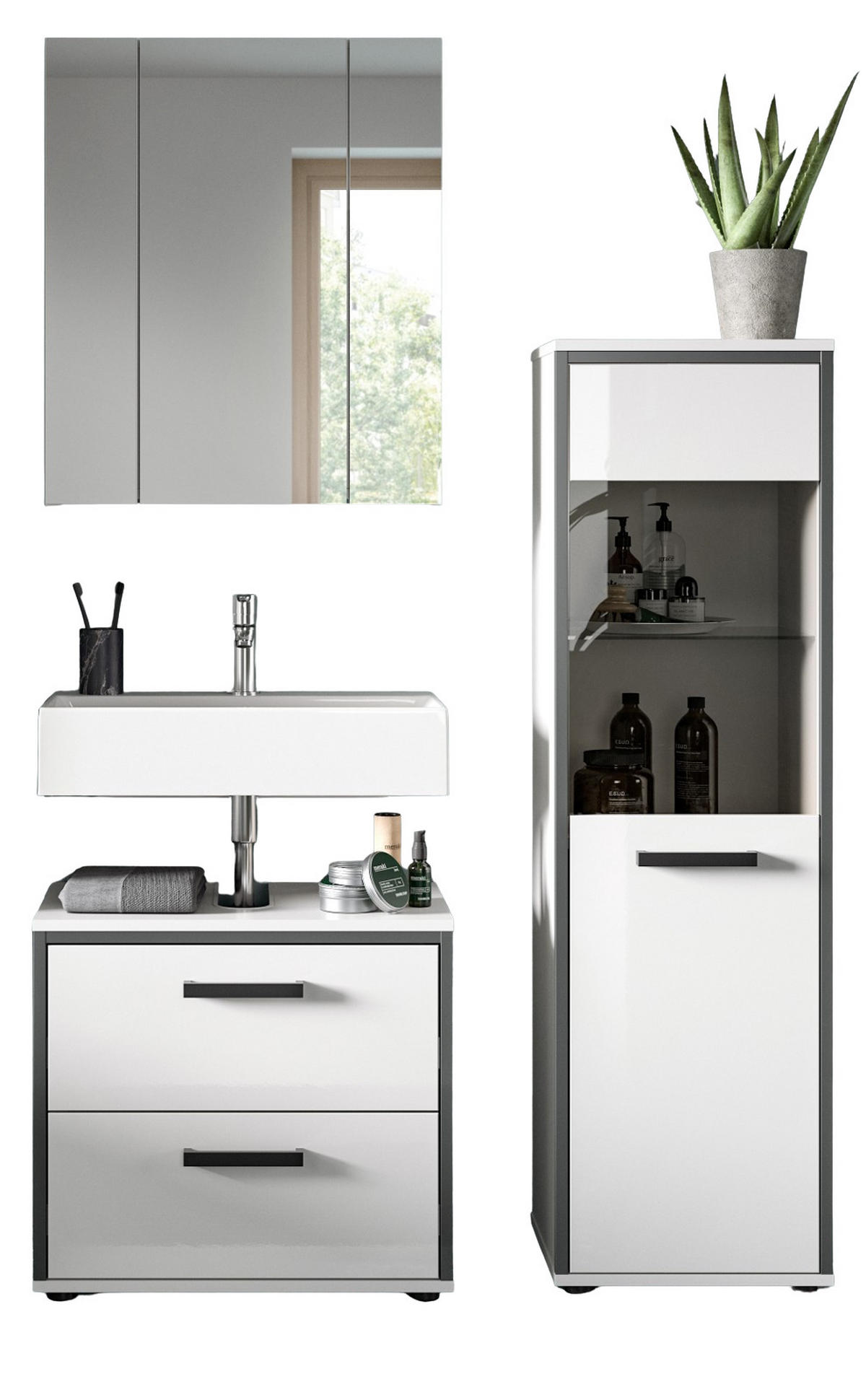 BADMÖBEL-SET 3-teilig weiß Hochglanz, grau, Badkombination 115 x 190 cm - Weiß Hochglanz/Schwarz, Glas/Holzwerkstoff (115/190/37.5cm) - Inn.Furn