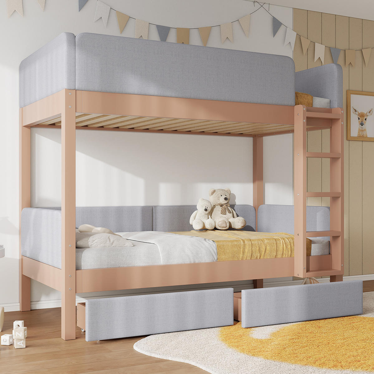 ETAGENBETT 90/200 cm grau/natur aus Kautschukholz und MDF mit Treppe und 2 Schubladen - Grau, Holz (90/200cm) - OKWISH
