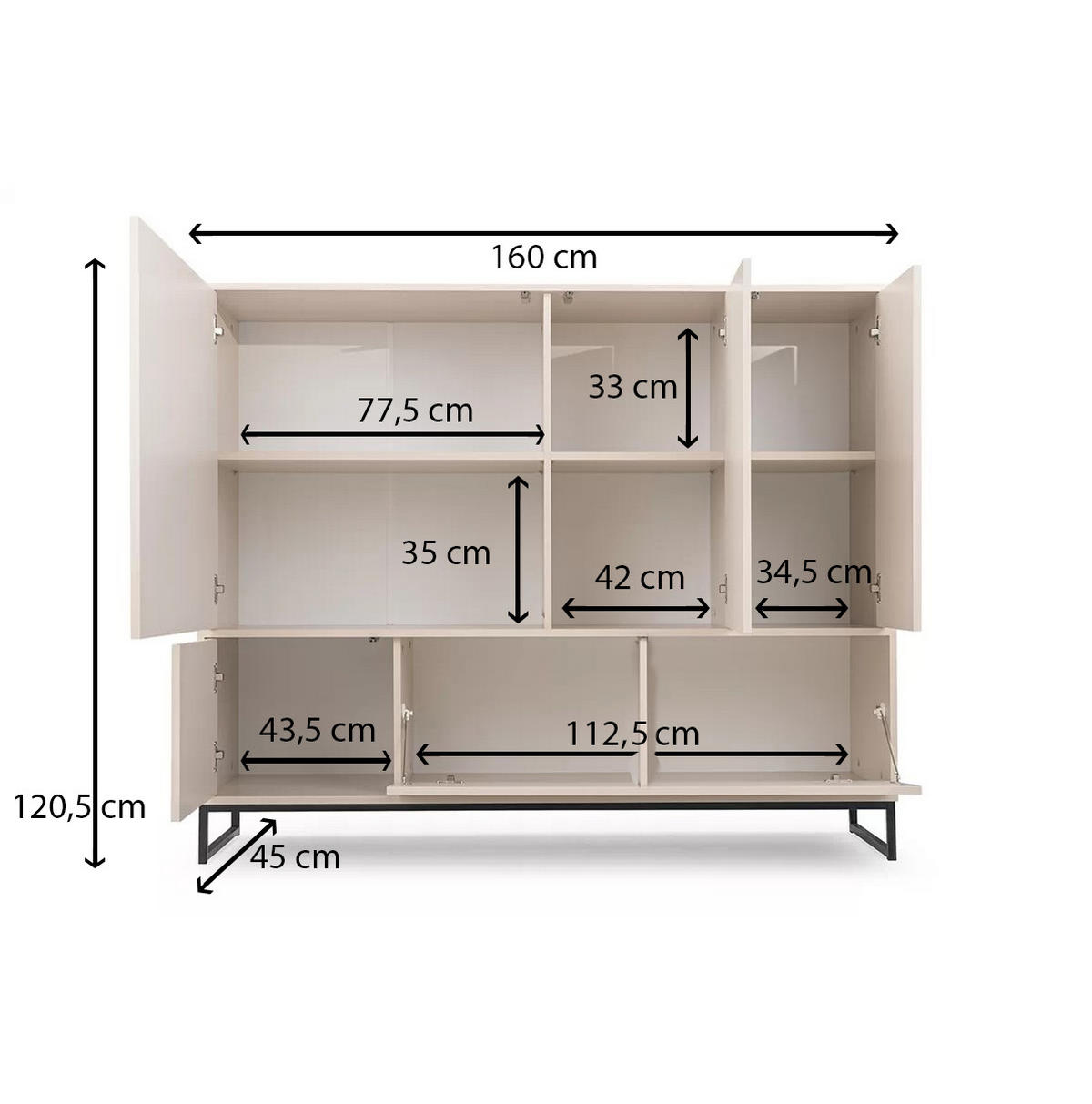 KOMMODE Genua Eiche, Schwarz Gestell, Geräumige Kommode - Schwarz/Braun, Holzwerkstoff (160/120/45cm) - Bettso