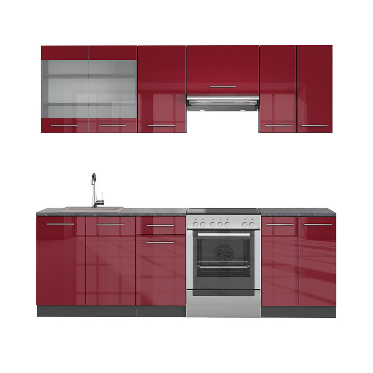 KÜCHENZEILE Fame-Line Bordeaux Hochglanz 240 cm ohne AP - Bordeaux/Anthrazit, Holzwerkstoff (240/81.6/46cm) - Vicco