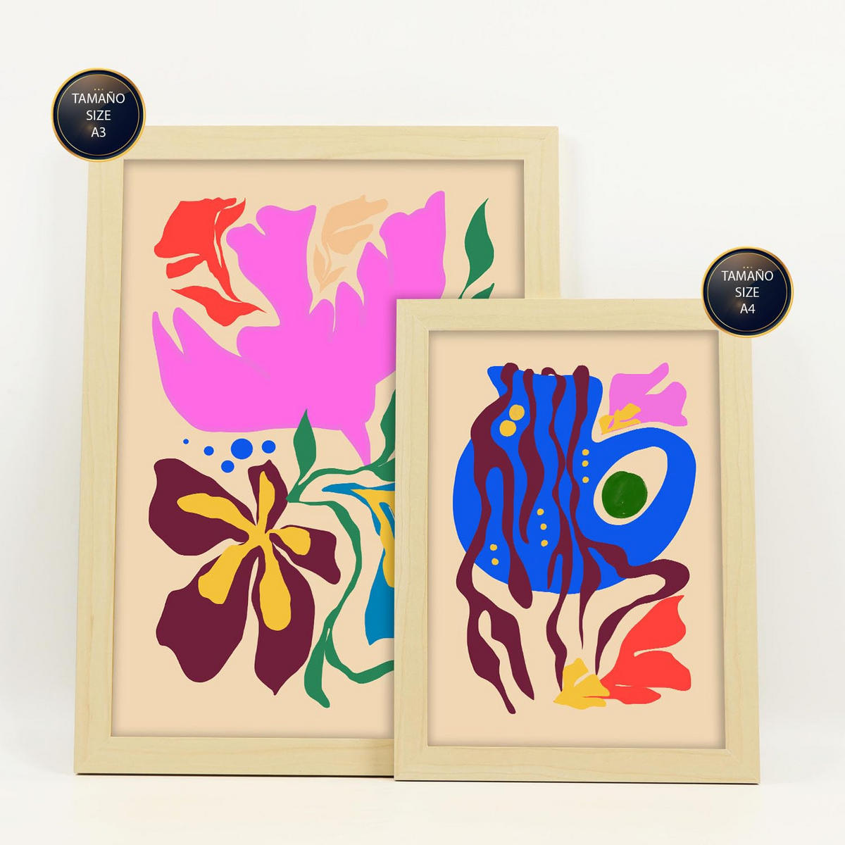 POSTER Set Mit 6 Malerisch 4 In Blume Zusammenfassung Ästhetische Dekorative Gemälde Für Ihr Wohnzimmer Zuhause A3 & A4 Rahmen Aus Hellem Holz - Beige, Papier (29/3cm) - Nacnic