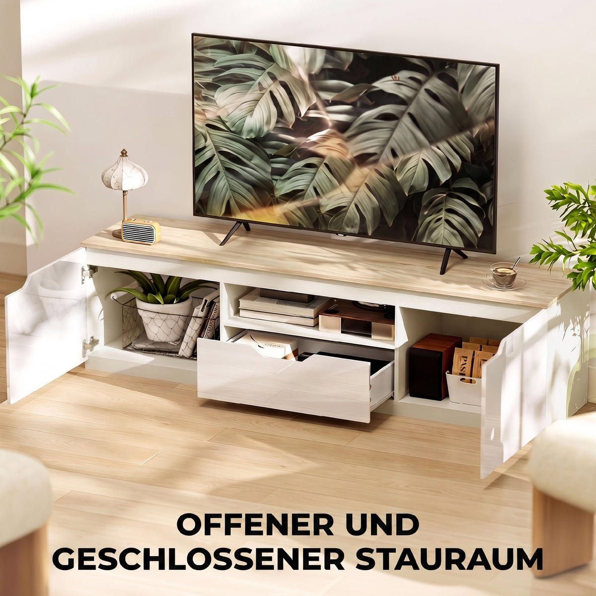 HÖGLANST TV-bänk för tv-apparater till 65 tum, 3 fack, låda, naturträ - Naturfärgad, Träbaserade material (38/43/160cm) - HOMCOM