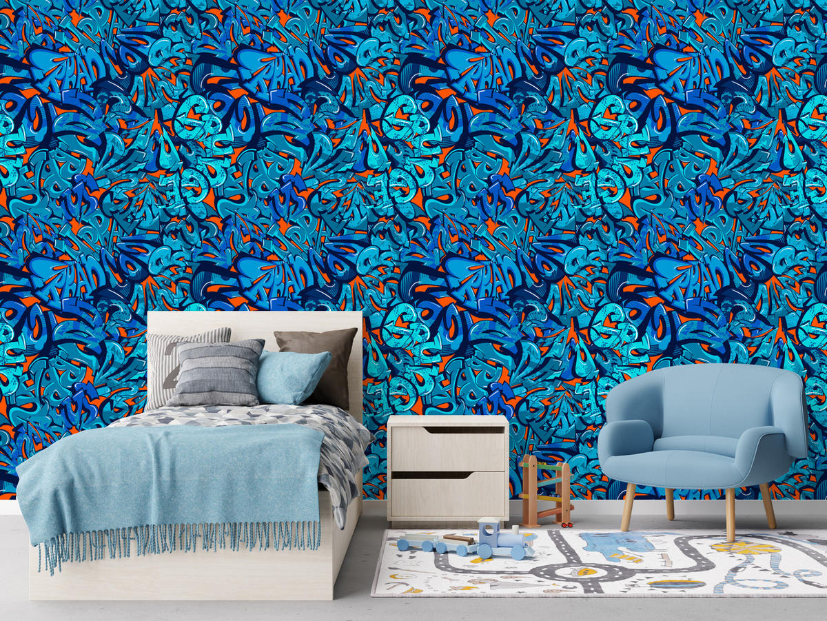 VLIESTAPETE Modernes Graffiti – Blau, Orange – 50x1000 cm - Blau/Orange, Papier (50/1000cm) - Muralo