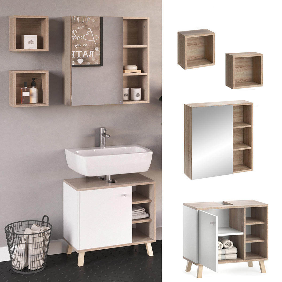 BADMÖBEL-SET Senyo Weiß 3 Teile - Weiß/Sonoma Eiche, Holzwerkstoff (62/54/32cm) - Vicco