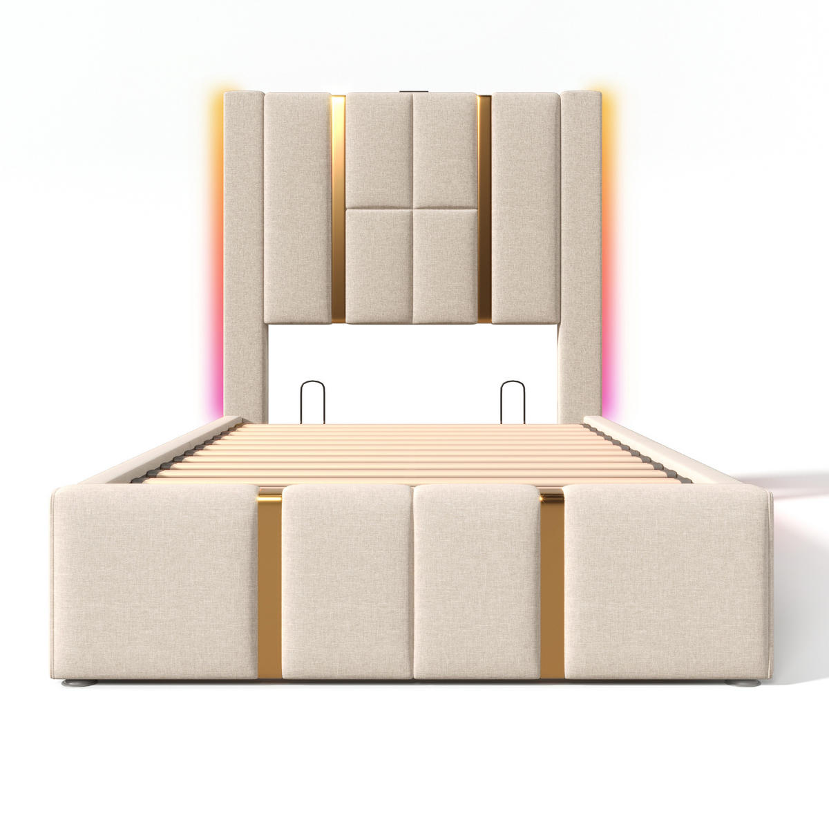 STAURAUMBETT 90/200 cm DE-00520, in Beige, LED und hydraulischem Bettkasten - Beige, Metall (90/200cm) - ComfortXL