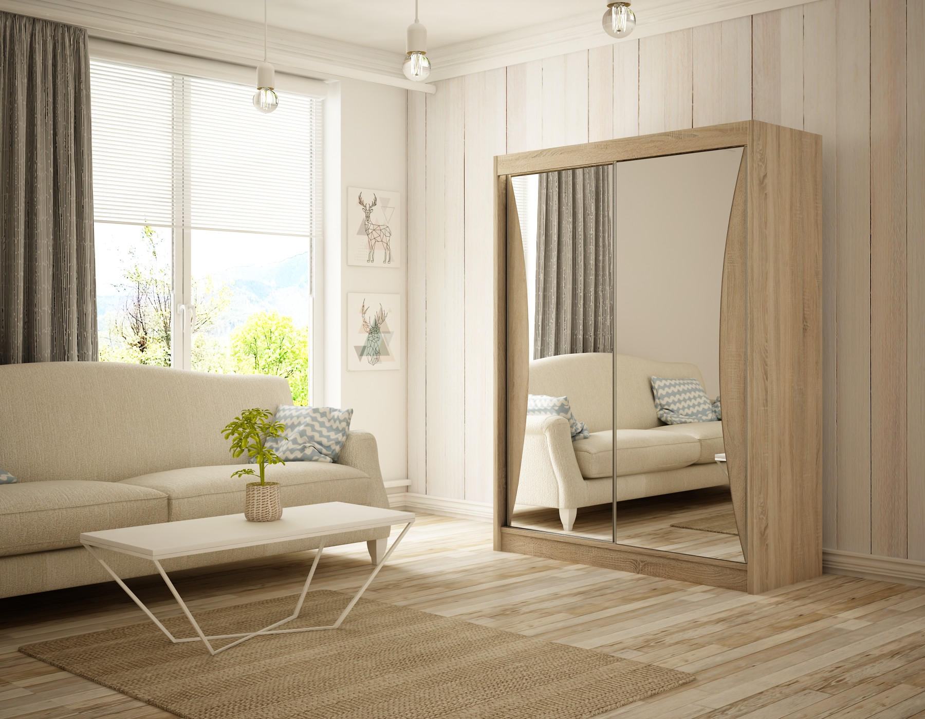 KLEIDERSCHRANK TIWAN mit Spiegel/LED - 200 cm - Sonoma Eiche - Sonoma Eiche, Holzwerkstoff (200/215/61cm) - ALTDECOR