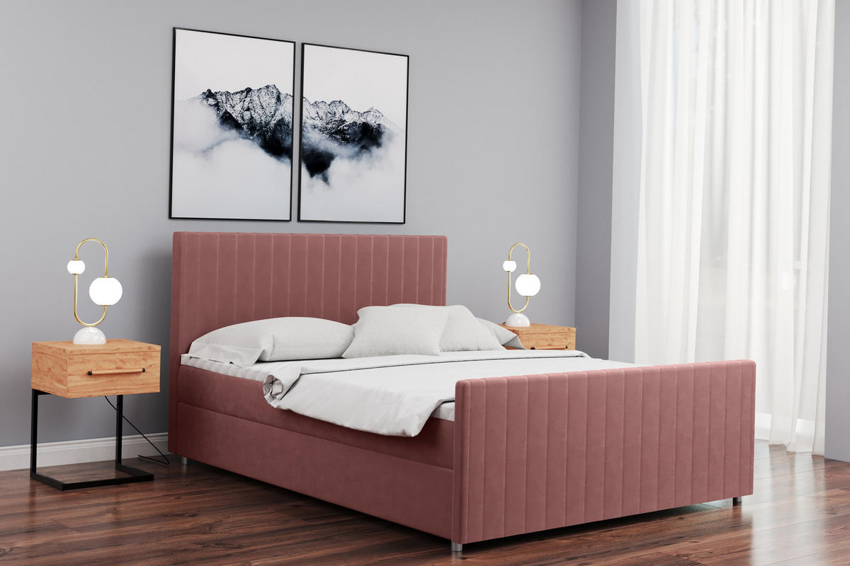 BOXBETT mit Bettkasten Matratze Topper LATINO stoff Velvet 200x200 cm Rosa H3-Bonell - Rosa, Holz/Holzwerkstoff (200/200cm) - Kaiser Möbel