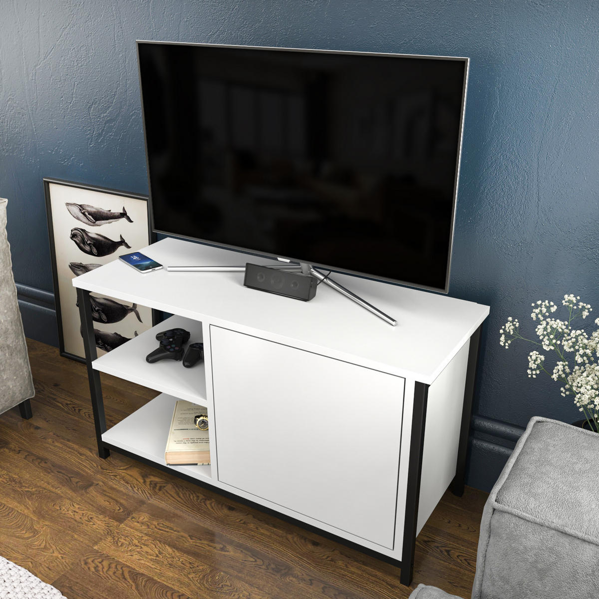 TV Unit Muskegon Schwarz Weiß - Schwarz/Weiß, Holzwerkstoff (90/51/36cm) - Decorotika
