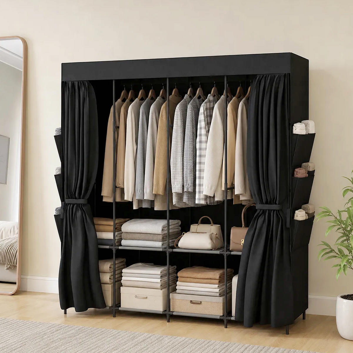 STOFF-KLEIDERSCHRANK Vliesstoff Stahl Schwarz - Schwarz, Textil (45/167/170cm) - HOMCOM