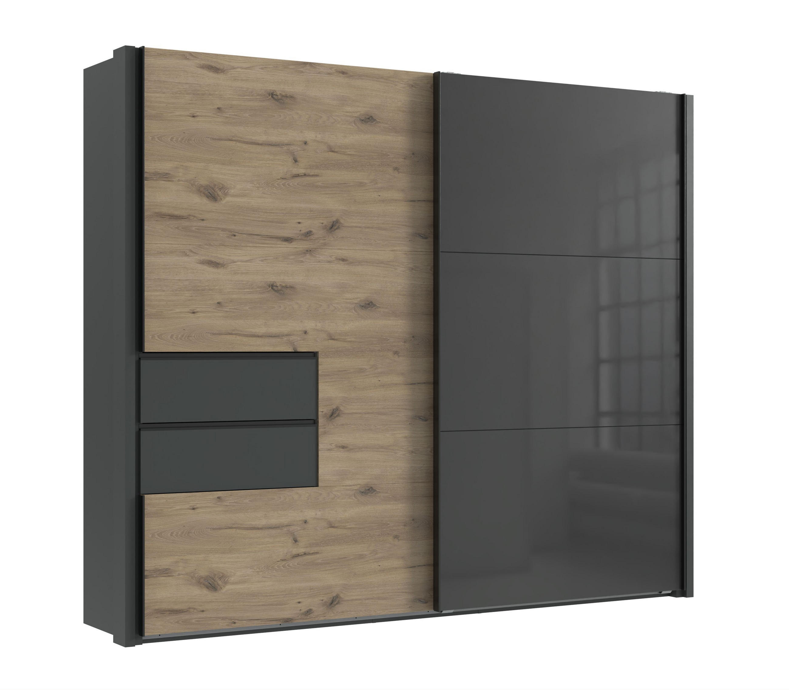 SCHWEBETÜRENSCHRANK B262/H216/T65 cm, Korpus+Passepartout+Schubladen Grafit, Türen eichefarben / Glas Grau, inkl. Vollausstattung / 22061 - Eichefarben/Schwarz, Holzwerkstoff/Metall (262/216/65cm) - luma-home