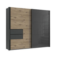 SCHWEBETÜRENSCHRANK B262/H216/T65 cm, Korpus+Passepartout+Schubladen Grafit, Türen eichefarben / Glas Grau, inkl. Vollausstattung / 22061 - Eichefarben/Schwarz, Holzwerkstoff/Metall (262/216/65cm) - luma-home