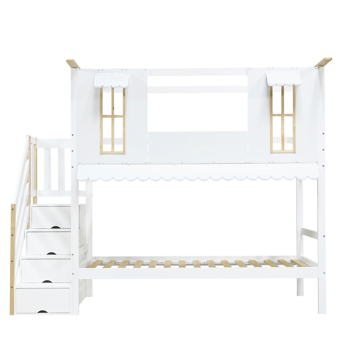ETAGENBETT Kinderbett 90/200 cm, Weiß/Natur mit Aufbewahrungstreppe - Weiß, Holz (90/200cm) - MIVRAY