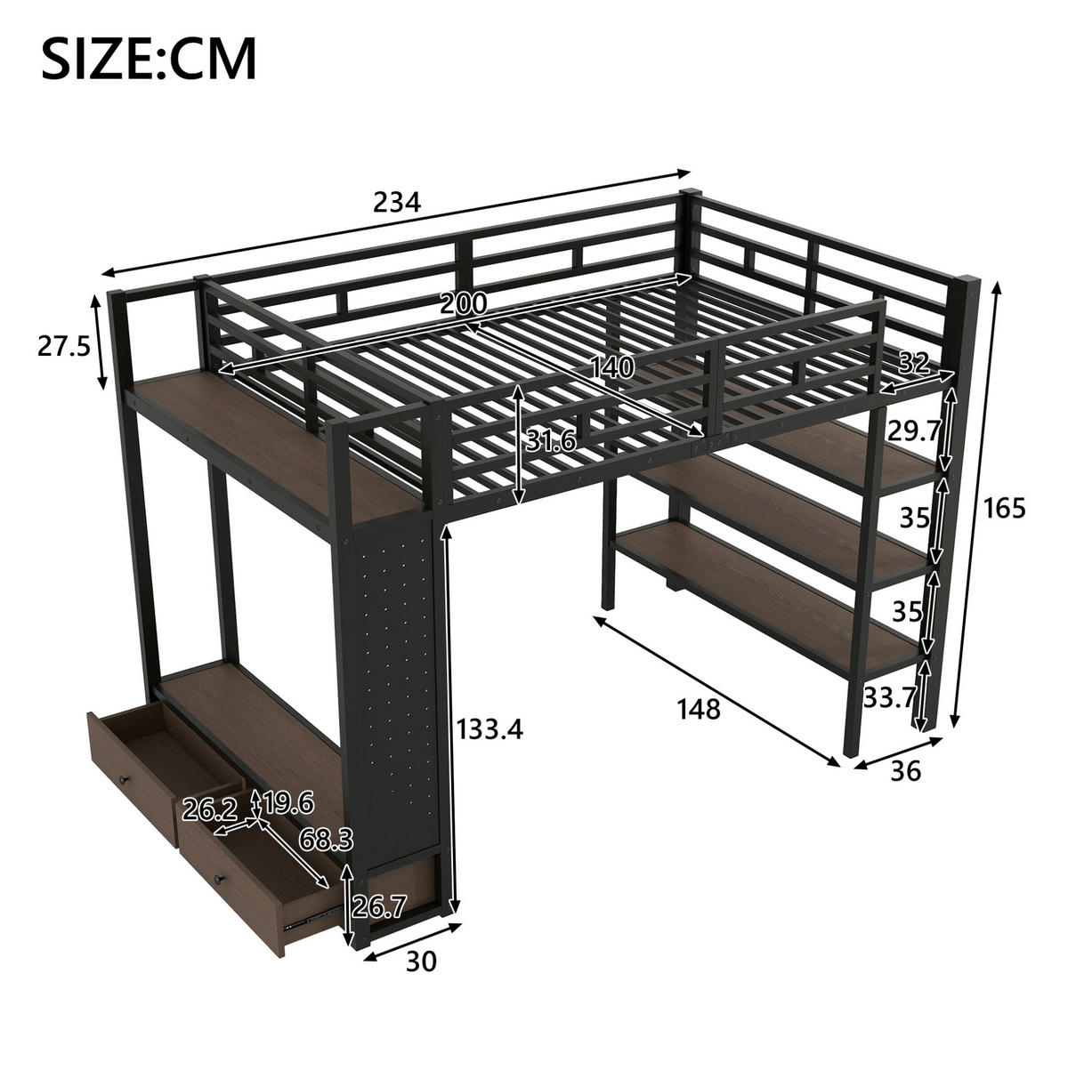 VYSOKÁ posteľ 140/200 cm čierna z MDF a kovu s otvoreným šatníkom policami dierovaným panelom a LED osvetlením - čierna, kompozitné drevo (140/200cm) - OKWISH