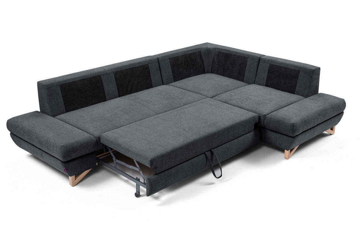 ECKSOFA CASA II R-S Anthrazit Plüsch-Stoff mit Schlaffunktion - Anthrazit, Holz (272/199cm) - MASSENO