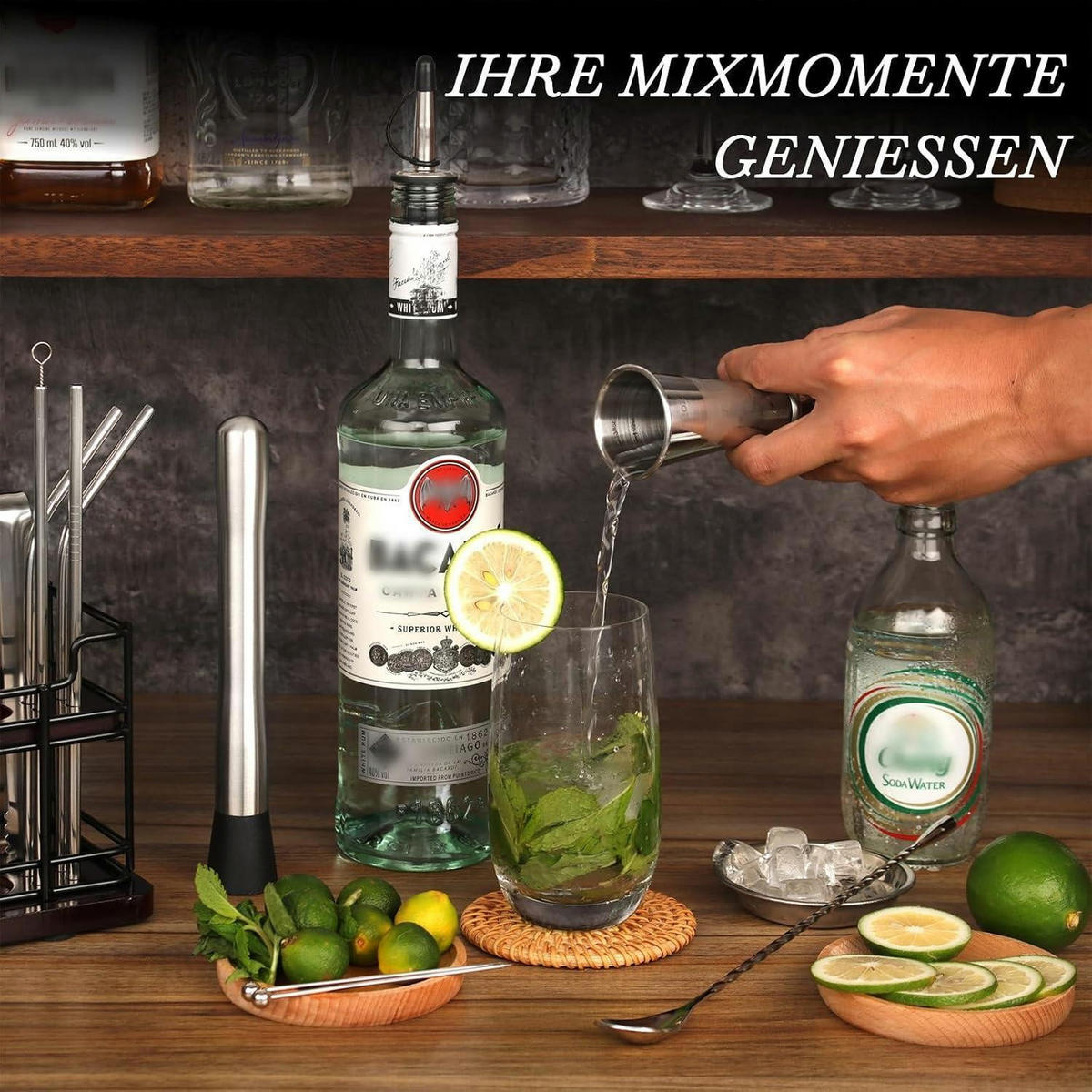 COCKTAIL Shaker Set 20-teilig Edelstahl 825 ml mit Ständer & Rezeptbuch - Silberfarben, Metall (15/15/25cm)