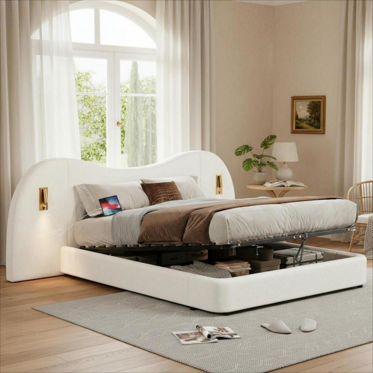 POLSTERBETT 180/200 cm in Weiß mit Bettkasten, LED und USB Bouclé - Weiß, Holzwerkstoff/Textil (180/200cm) - STILVORA