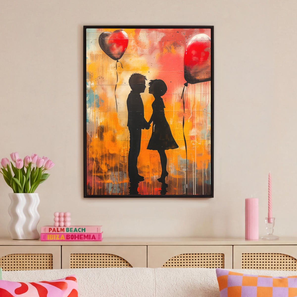 LEINWAND Bilder mit Rahmen - Straßenkunst - Liebe - Graffiti - Kunst - Banksy - 70x100 - Orange, Textil (70/100cm) - MuchoWow