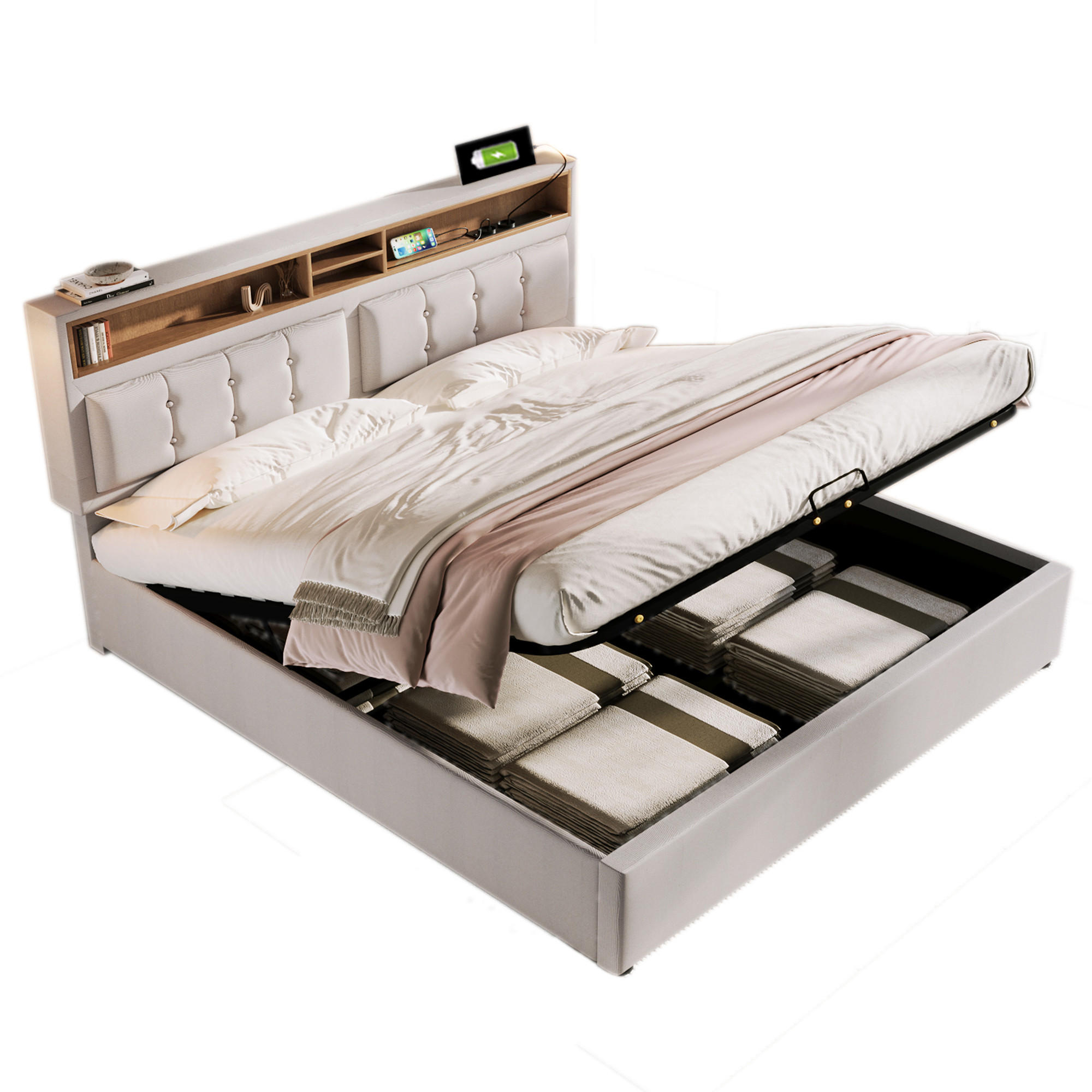 WISHDOR ČALOUNĚNÁ postel 160×200 cm v béžovém lněném provedení s úložným boxem, USB, Type-C a zásuvkami