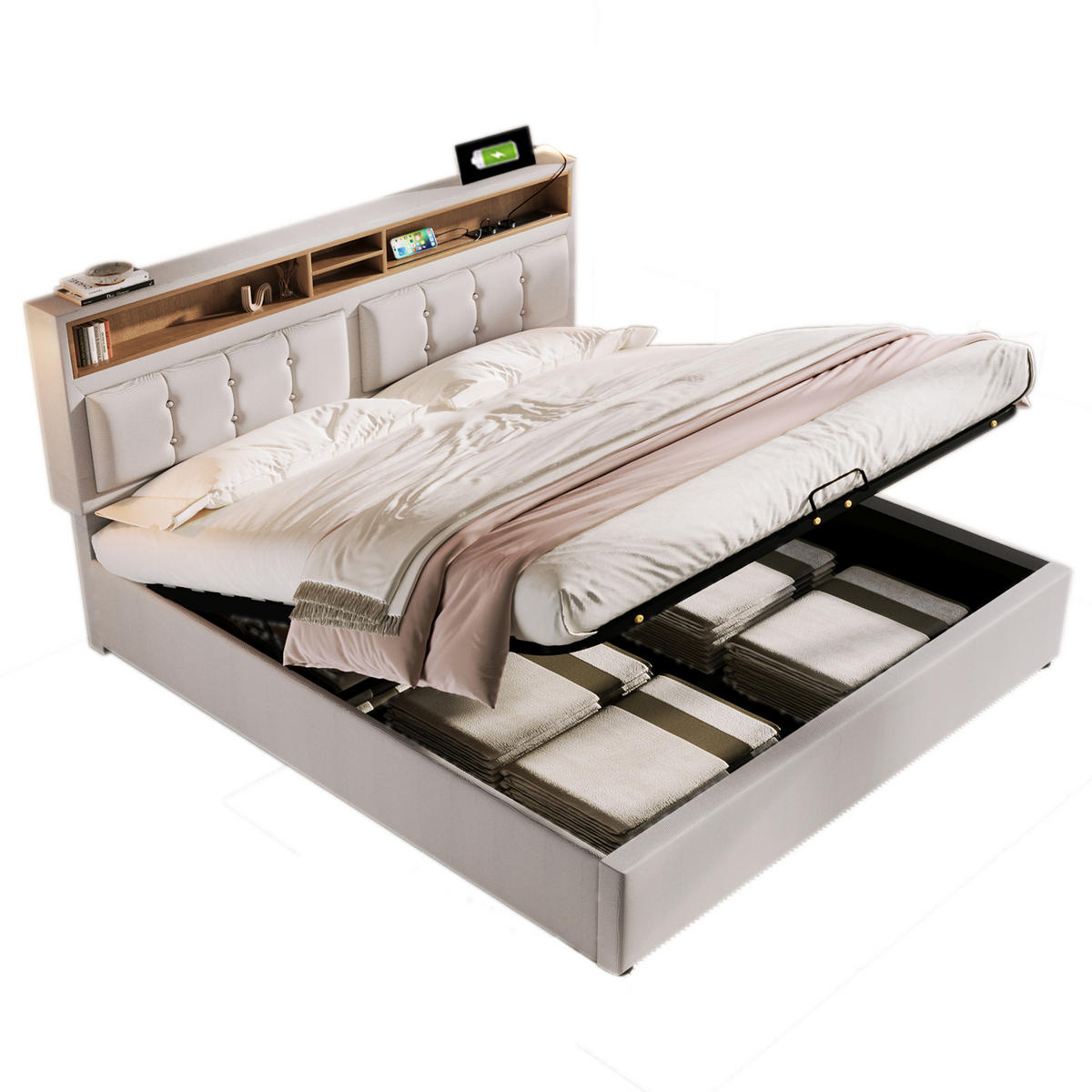 POLSTERBETT 160/200 cm Beige mit USB- und Type-C-Anschlüssen und verstellbarem Kopfteil - Beige, Textil (160/200cm) - OKWISH