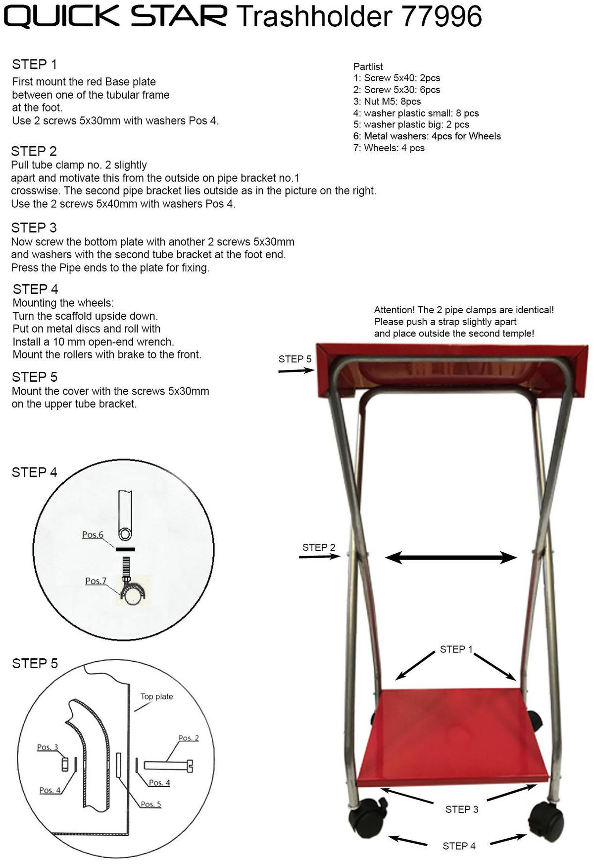 ROLLBARER Müllsackständer mit 4 Rollen 120 Liter - Rot, Metall (38/90/38cm) - QUICK STAR