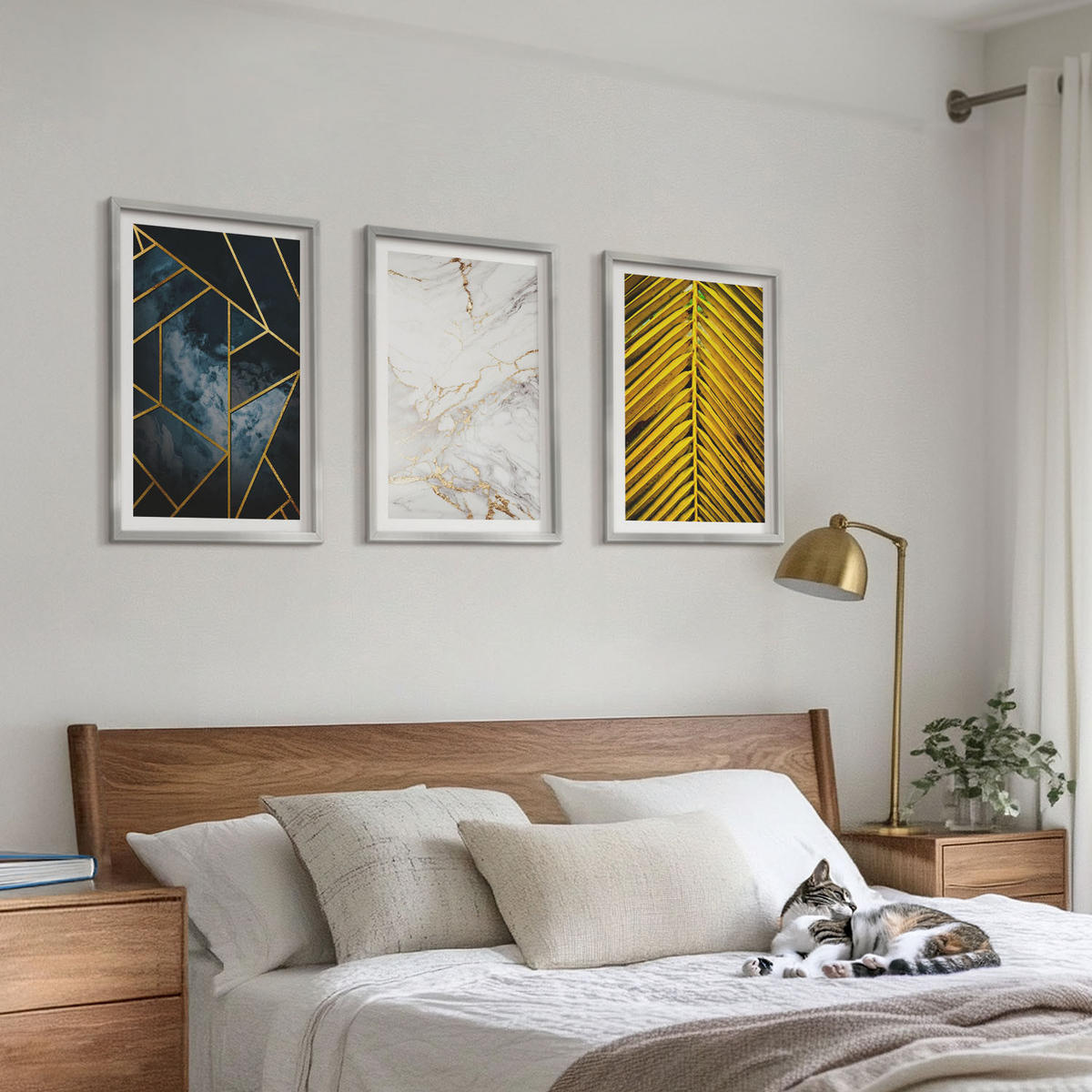 BILDER SET 3er Set - 40x60 cm Silberner Rahmen - Geometrische Muster und Vegetation - Silberfarben, Kunststoff (40/60cm) - TULUP