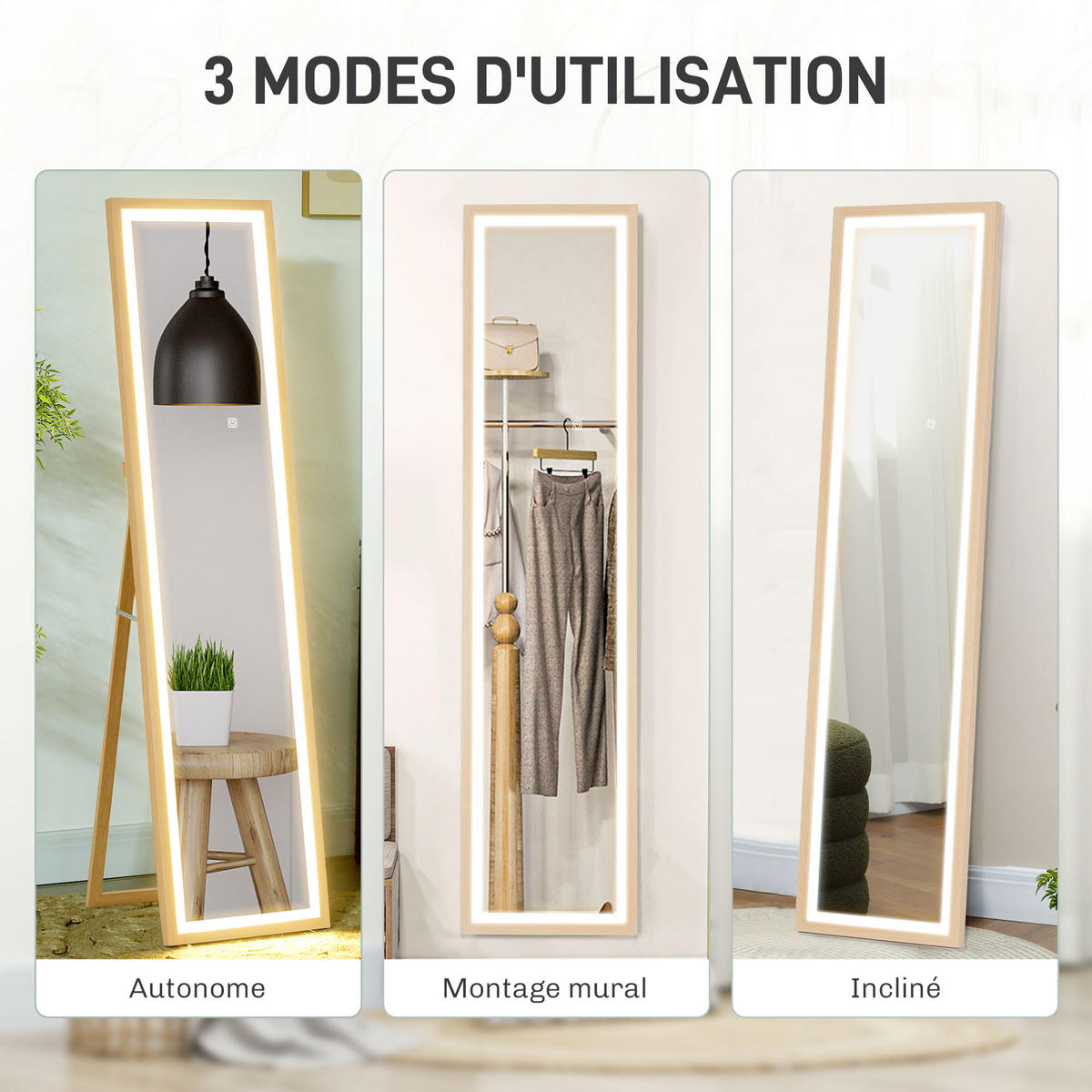 STANDSPIEGEL DE-17922 40x160 cm mit 3-farbiger LED & Memoryfunktion Eiche - Eichefarben, Glas (40/160/5cm) - ComfortXL