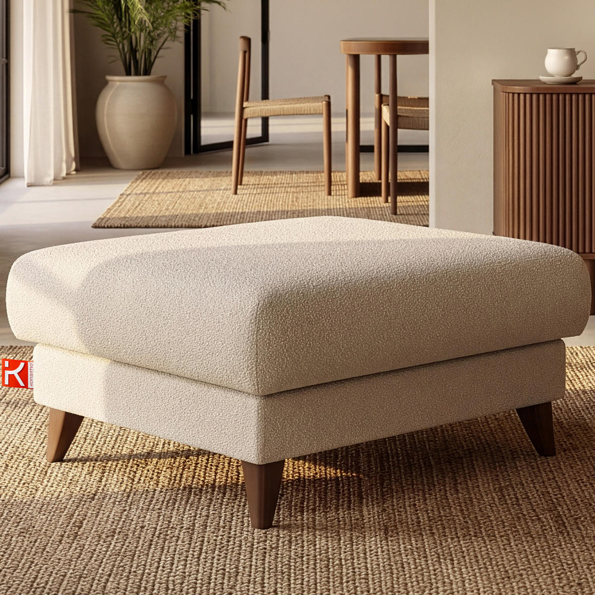 HOCKER GUSTAVO Bouclé, Creme - Creme, Holz/Holzwerkstoff (92/49/92cm) - KONSIMO®