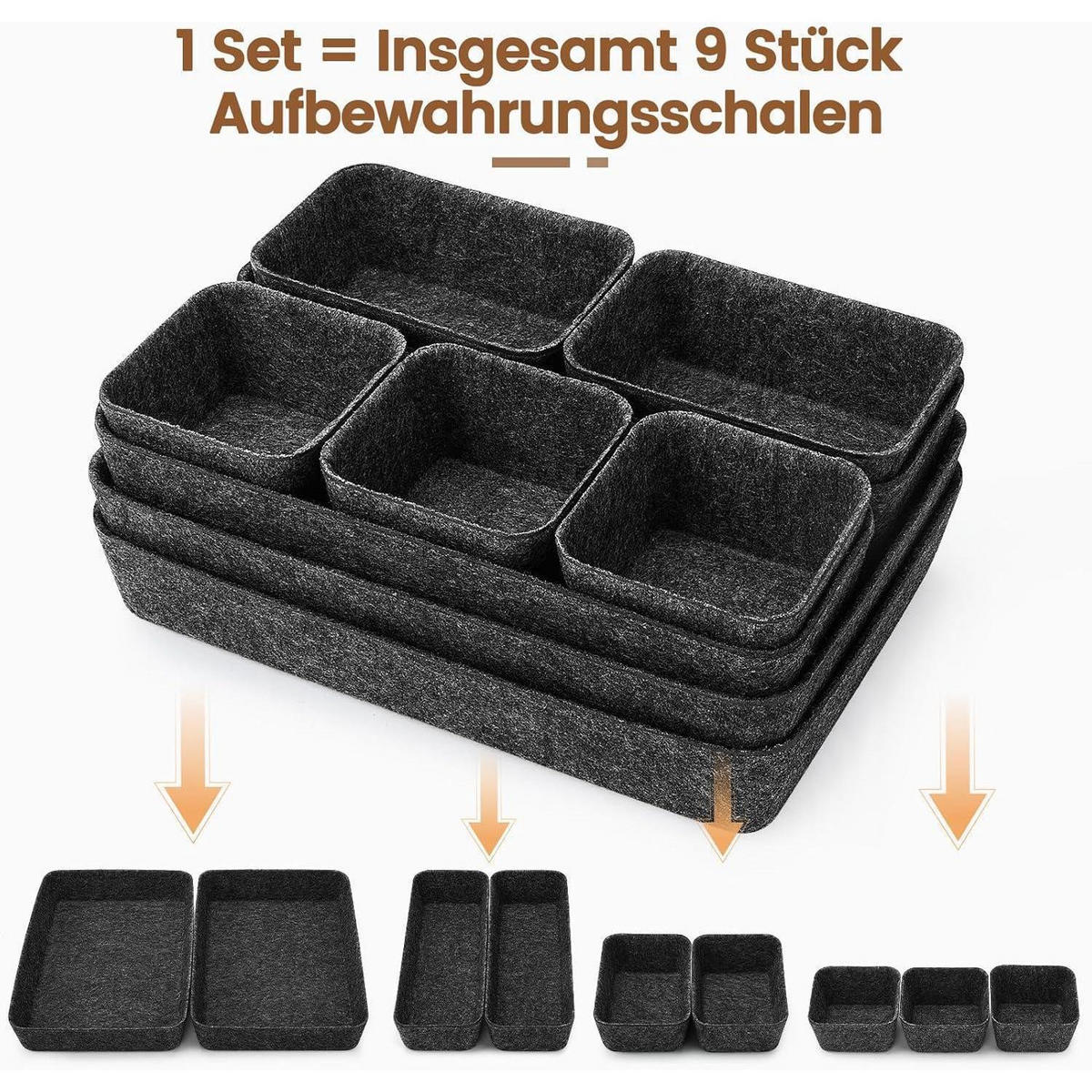 SCHUBLADEN Organizer 9-teiliges Set Filz Dunkelgrau - Anthrazit, Textil (20/7/28cm)