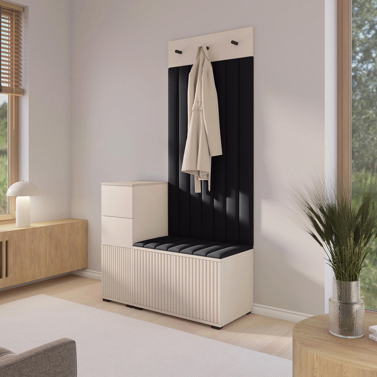 GARDEROBE Ritmo version 9 mit Spiegel, mit POLSTERPANEELEN Schwarz - Beige/Schwarz, Holzwerkstoff (100/185/40cm) - Jerpax