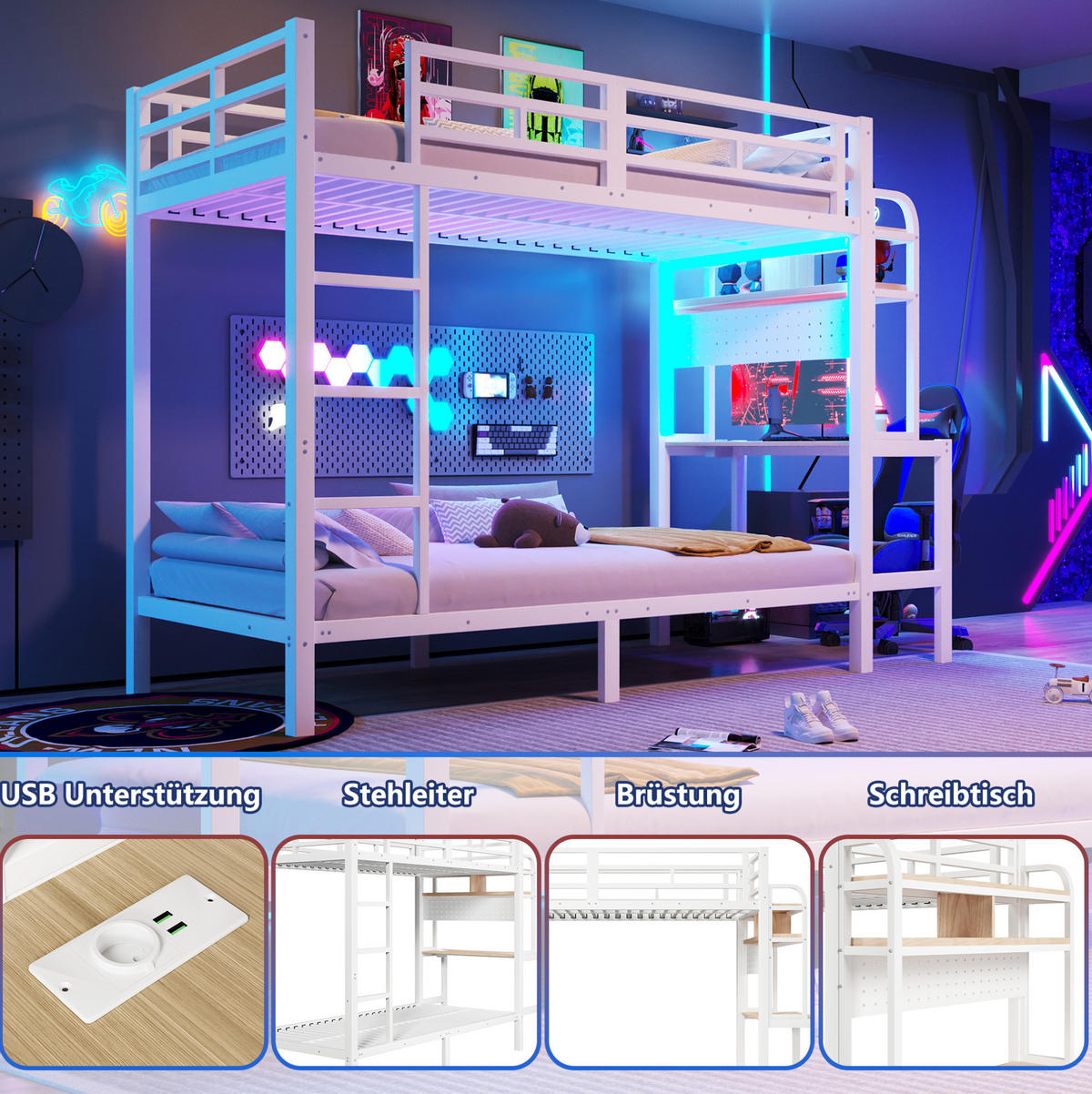 ETAGENBETT 90/200 cm aus Metall mit Schreibtisch, LED-Lichtleiste, USB-Anschluss, Weiß - Weiß, Metall (90/200cm) - OKMYHOME