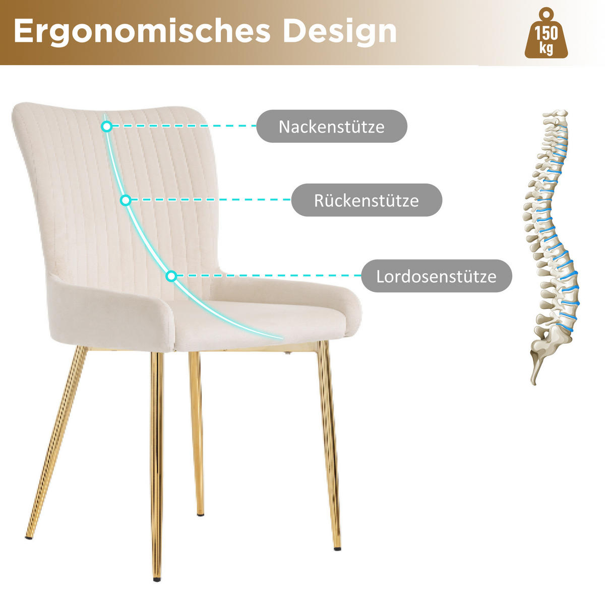 ESSZIMMERSTUHL 4er-Set Samt Beige mit goldfarbenen Metallbeinen - Beige, Metall (47/85/58.1cm) - Meubliv