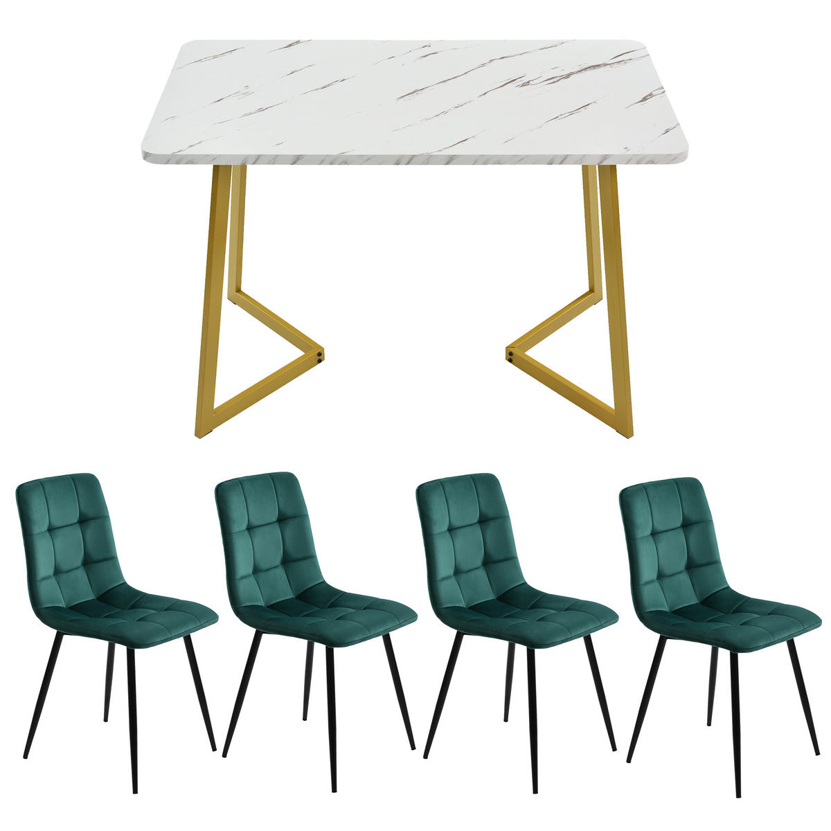 ESSTISCHSET 117 Cm Mit 4 Stühlen, Rechteckig, Dunkelgrün Samt, Gold - Grün, Holzwerkstoff (117/75/68cm) - FLIEKS