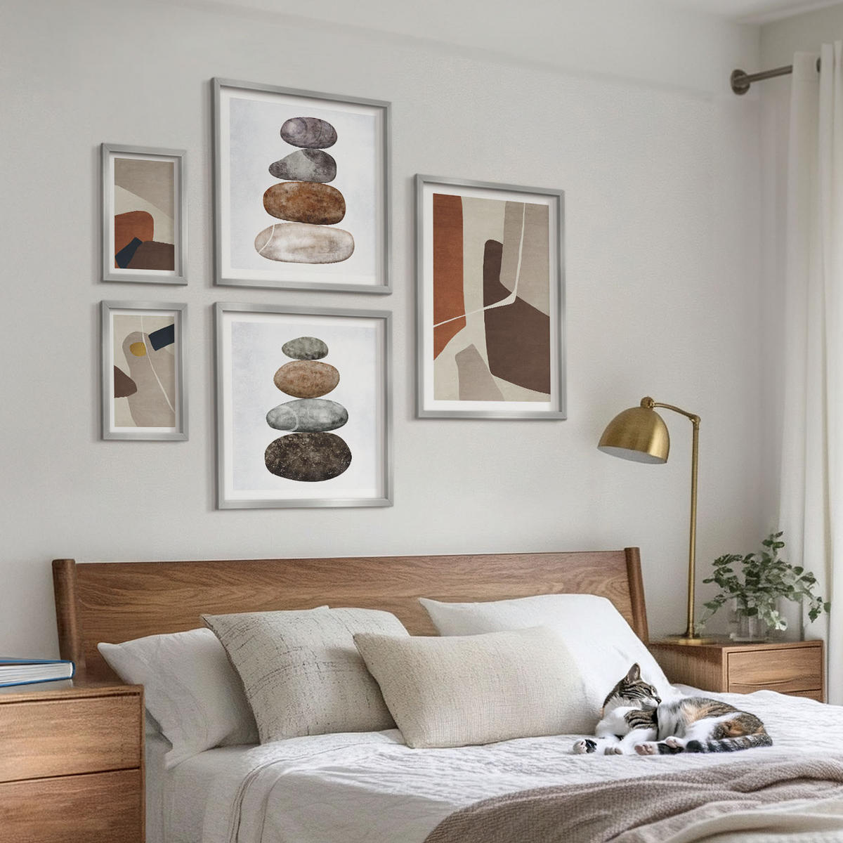 WANDBILDER 5er Set - 50x50 cm & 20x30 cm & 40x60 cm Silberner Rahmen - Abstrakte Boho-Formen - Silberfarben, Kunststoff (40/60cm) - ArtPrintCave