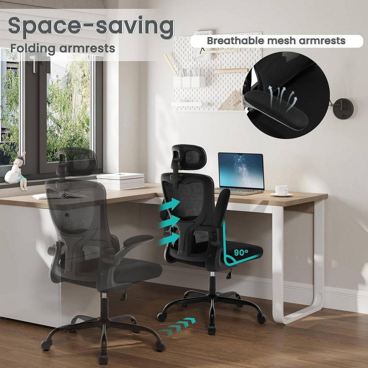 BÜROSTUHL ergonomisch, Netzstoff, Schwarz - Schwarz, Kunststoff/Textil (62/116/69.5cm) - Woltu