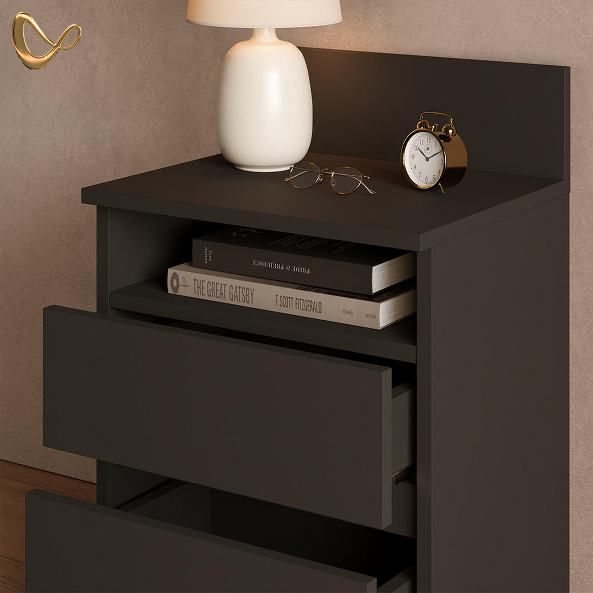 NACHTTISCH Roya, Schwarz, 2er Set - Schwarz, Holzwerkstoff (39.6/59.1/32.3cm) - Livinity®