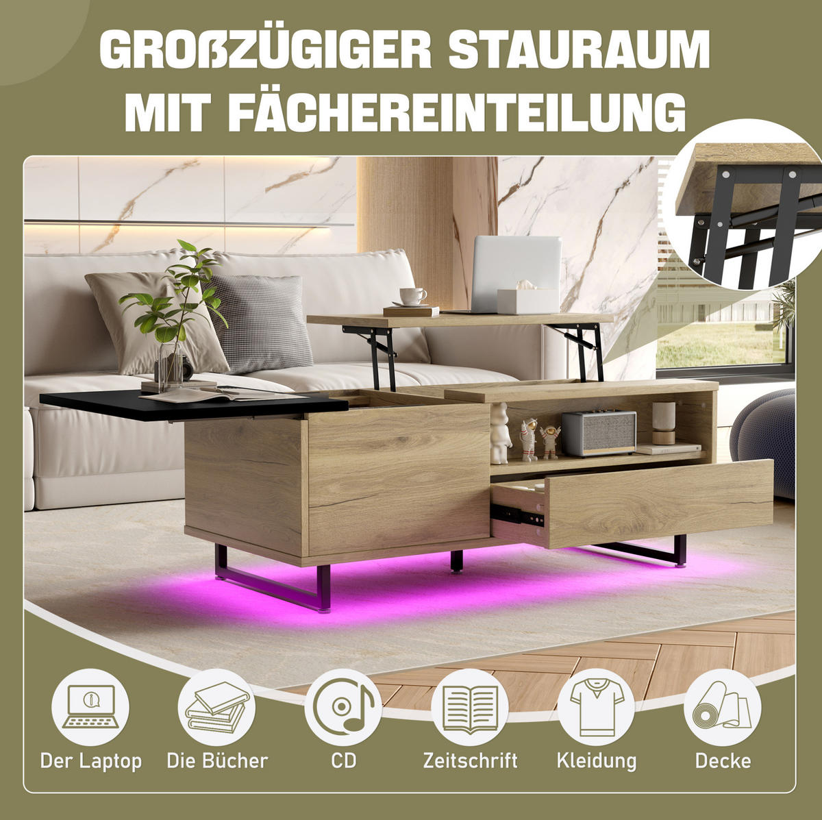 COUCHTISCH 103,5/50/27,5 cm mit Lift-Top, LED-Bodenlicht und Stauraum, Holzwerkstoff/Metall, Natur - Naturfarben, Holzwerkstoff (103.5/50/27.5cm) - Redom