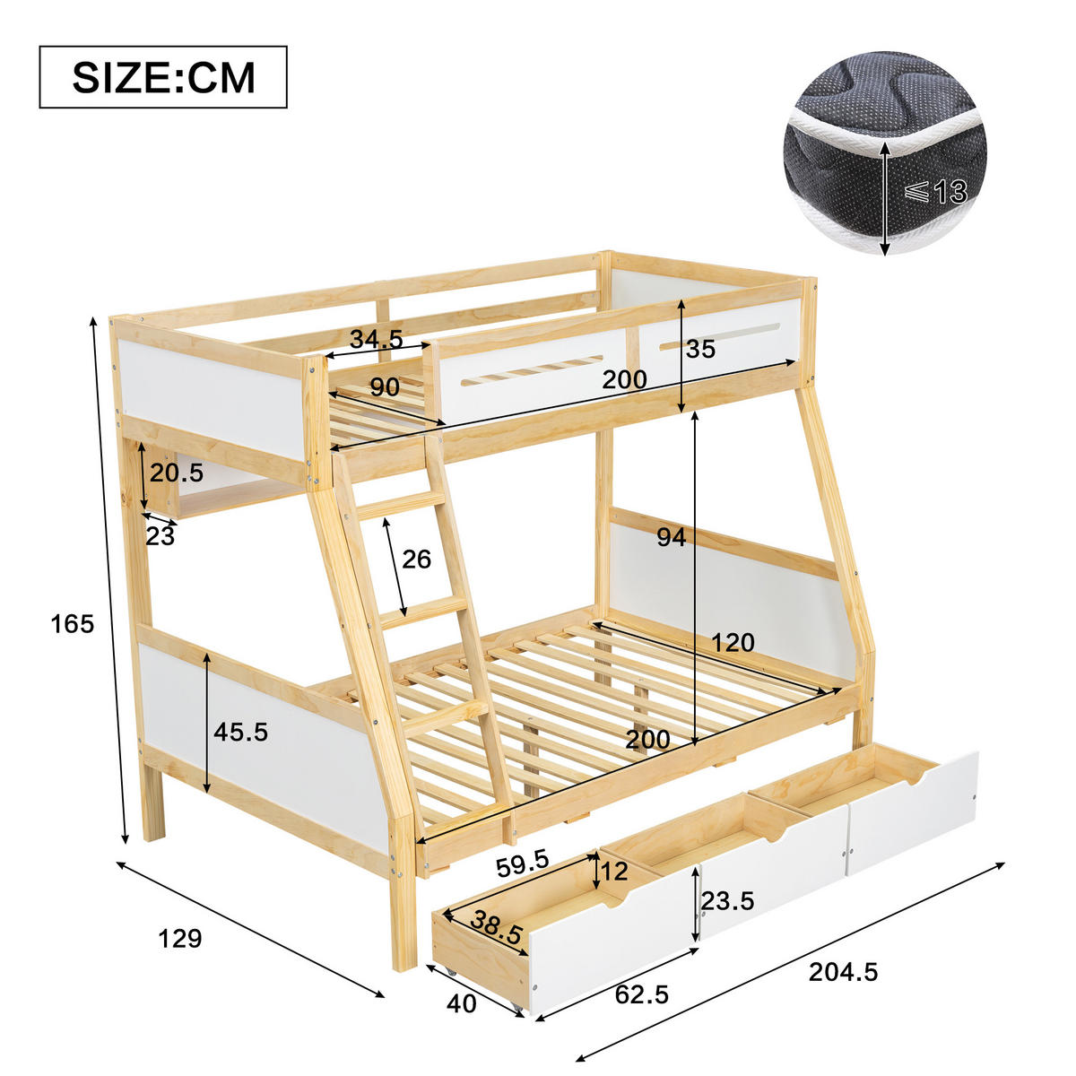 ETAGENBETT Kinderbett Weiß+Natur 90x200/120x200 - Naturfarben, Holz (90/200cm) - ComfortXL