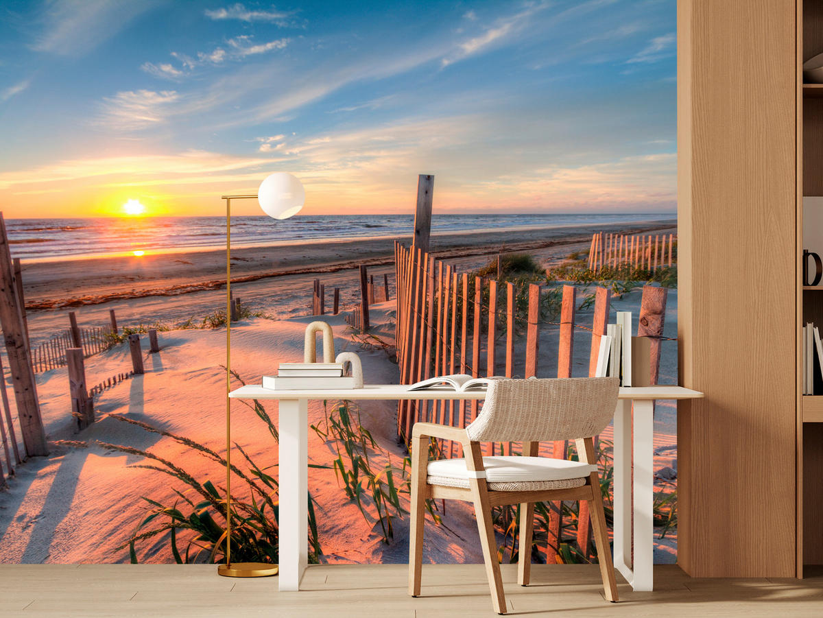 FOTOTAPETE für Wohnzimmer Sonnenaufgang Strand Meer Wellen Dünen 450x315 - Blau/Gelb, Papier (450/315cm) - Muralo