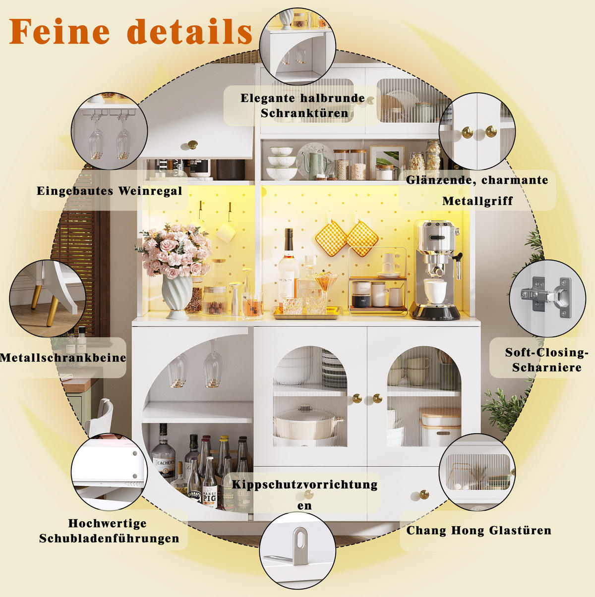 SKŘÍŇ na nádobí 120/40/176 cm, MDF/sklo, bílá s LED osvětlením a USB - bílá, kompozitní dřevo (120/176/40cm) - BEAOK