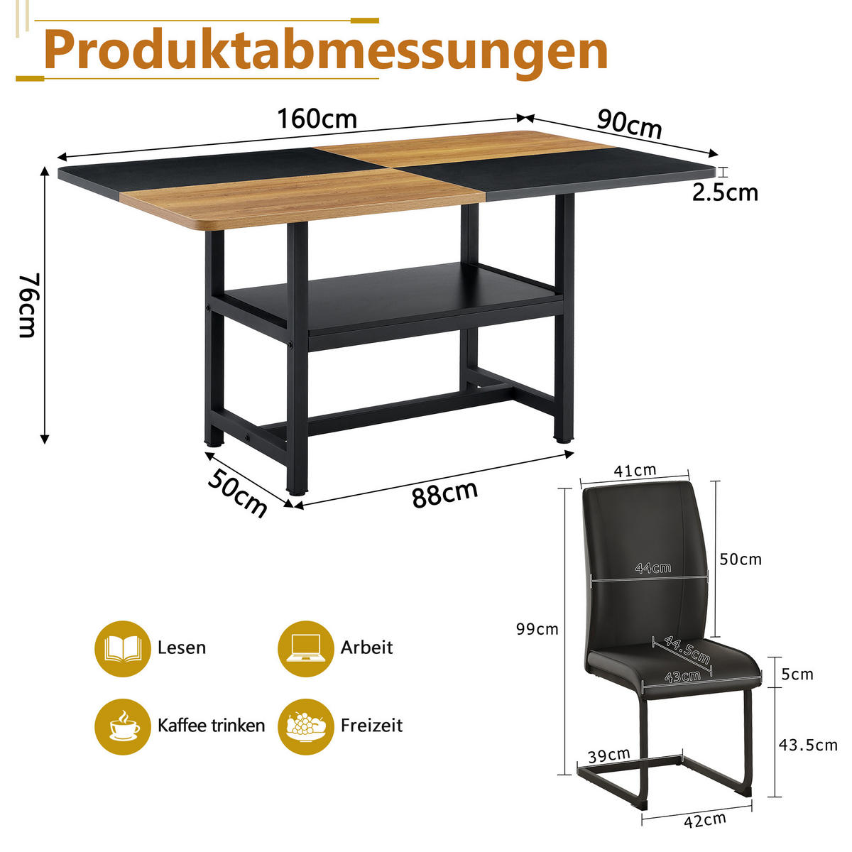 ESSGRUPPE DE-39342 5-teilig, mit Abstellregal und 4 PU-Sesseln Schwarz - Schwarz, Holzwerkstoff (160/76/90cm) - ComfortXL